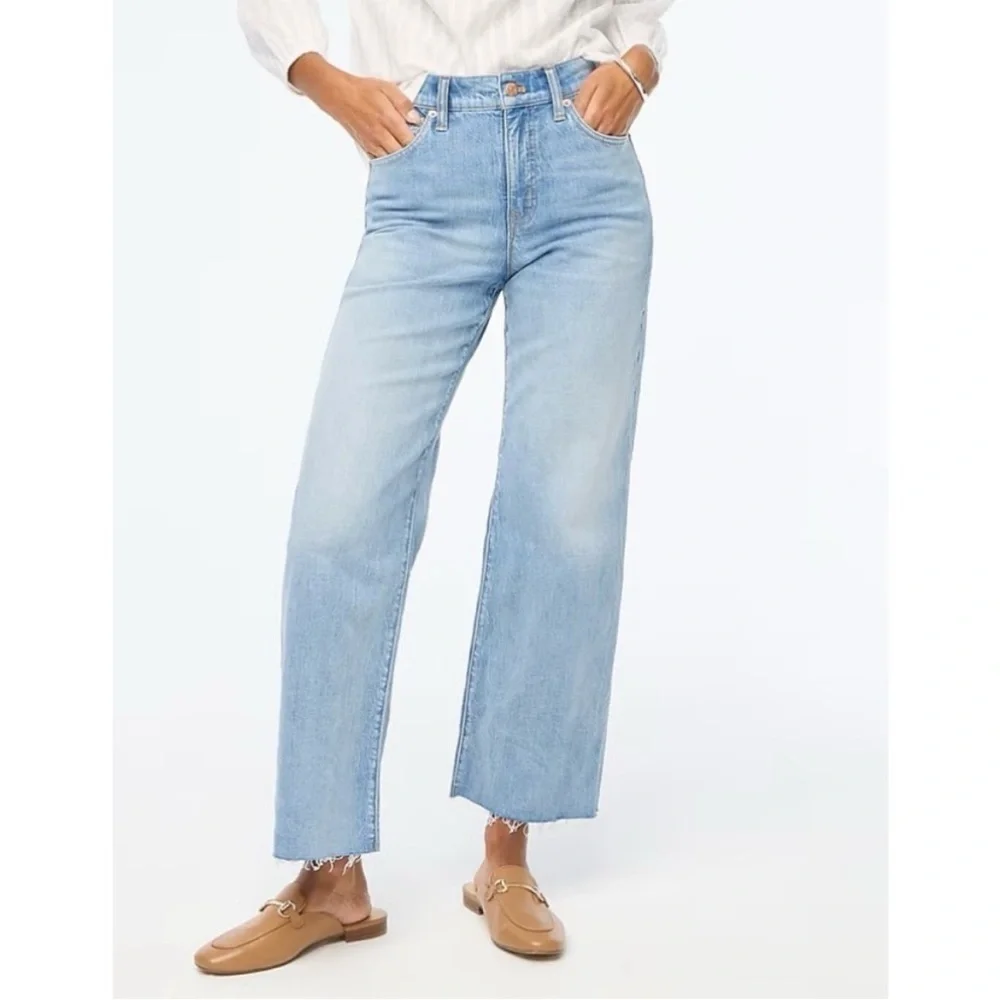 J.Crew Factory Wide Leg Crop Jean All-Day Stretch Raw Hem Size 32 Spring Storm